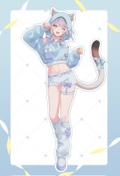1girl ;d alternate_costume animal_ear_fluff animal_ears animal_hood aqua_eyes belt blue_border blue_bow blue_hood blue_pupils blue_ribbon blush border bow cat_ears cat_girl cat_hood cat_tail cipher_(honkai:_star_rail) crop_top full_body grey_hair hair_between_eyes highres honkai:_star_rail honkai_(series) hood hood_up long_sleeves midriff multicolored_hair multicolored_tail navel one_eye_closed open_mouth pochimaru_(marumaru_wanwan) ribbon shoes shorts simple_background smile solo standing streaked_hair tail thighhighs white_hair white_shorts