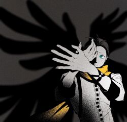 1boy arms_up black_hair black_trim blue_eyes closed_mouth film_grain grey_background hair_slicked_back highres long_scarf looking_at_hands male_focus mochizuki_ryouji mole mole_under_eye one_eye_covered otoko_haza persona persona_3 scarf shadow shadow_puppet shirt short_hair sleeve_cuffs solo upper_body white_shirt yellow_scarf