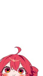 1girl ahoge blush close-up closed_mouth drill_hair highres kasane_teto looking_at_viewer negative_space portrait red_eyes red_hair smile solo twin_drills utau vvv_fnk white_background