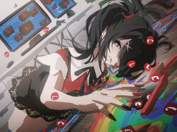 Rule 34 | 1girl, ame-chan (needy girl overdose), black eyes, black hair, black nails, black ribbon, black skirt, cellphone, collared shirt, commentary, hair ornament, hair over one eye, highres, junpaku karen, long hair, lying, multicolored nails, nail polish, neck ribbon, needy girl overdose, parted lips, phone, red nails, red shirt, ribbon, shirt, skirt, solo, twintails, vomiting rainbows, x hair ornament