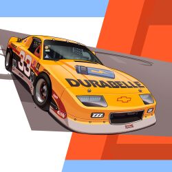 absurdres arhentol brand_name_imitation car chevrolet chevrolet_camaro commentary duracell english_commentary highres motor_vehicle no_humans original race_vehicle racecar trans-am_series vehicle_focus yellow_car