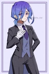 1girl ahoge androgynous belt black_jacket black_pants black_suit blue_hair blue_necktie blue_vest border brown_belt butler coattails collared_shirt cowboy_shot enbutlered female_focus formal_clothes gloves hair_between_eyes highres hiiro_(kiiro_ex) inset_border jacket kimi_no_koto_ga_dai_dai_dai_dai_daisuki_na_100-nin_no_kanojo long_hair_between_eyes looking_at_viewer low_ponytail nakaji_uto necktie outside_border pants ponytail purple_background purple_border purple_eyes shirt short_ponytail smile split_mouth suit suit_jacket tuxedo twitter_username vest white_gloves white_shirt wing_collar