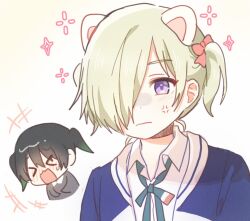 &gt;_&lt; +++ 2girls :d anger_vein animal_ears black_hair blonde_hair blue_jacket blush bow cat_ears chibi chibi_inset collared_shirt commentary dress_shirt fake_animal_ears frown gradient_hair green_hair green_ribbon hair_bow hair_over_one_eye jacket laughing letterman_jacket loose_neck_ribbon love_live! love_live!_nijigasaki_high_school_idol_club mia_taylor multicolored_hair multiple_girls neck_ribbon nose_blush one_eye_covered open_clothes open_jacket open_mouth pink_bow purple_eyes raised_inner_eyebrows ribbon shirt short_hair short_twintails smile solo_focus sparkle sweatdrop takasaki_yu twintails white_shirt xd yoon_(yoon_lovelive)
