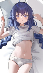1girl absurdres aweqdre blue_eyes blue_hair braid closed_mouth highres long_hair low_twin_braids lying mushoku_tensei navel on_back panties roxy_migurdia shirt solo twin_braids underwear white_panties white_shirt