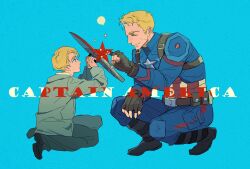 2boys belt black_boots black_shoes blonde_hair blue_background blue_bodysuit blue_eyes bodysuit boots brown_belt captain_america captain_america_(series) character_name closed_eyes closed_mouth commentary dual_persona english_commentary fingerless_gloves gloves grey_gloves grey_jacket grey_pants hand_up hands_up highres holding holding_shield jacket looking_at_another male_focus marvel marvel_cinematic_universe multiple_boys open_clothes open_jacket pants pocket shield shoes short_hair simple_background sitting smile squatting star_(symbol) steve_rogers superhero_costume vertical-striped_bodysuit yyrt_5210