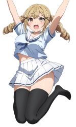 1girl arms_up bang_dream! black_thighhighs blonde_hair blue_neckerchief blue_shirt blush breasts brown_eyes commentary_request drill_hair hair_ornament hanasakigawa_school_uniform highres ichigaya_arisa jumping large_breasts long_hair midriff navel neckerchief no_shoes noshimurin open_mouth pleated_skirt sailor_collar school_uniform shirt short_sleeves simple_background skirt solo thighhighs twin_drills white_background white_sailor_collar white_skirt x_hair_ornament