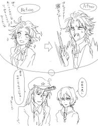 3boys aged_down anger_vein arrow_(symbol) blood braid comic crazy_eyes genderswap genderswap_(ftm) hat hong_meiling izayoi_sakuya knife long_hair male_focus multiple_boys remilia_scarlet simple_background single_braid sparkle speech_bubble star surprised talking tears touhou upper_body white_background yokosuka220