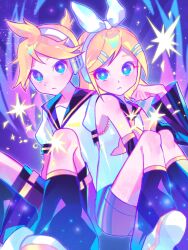 :&lt; ahoge aqua_eyes back-to-back bare_shoulders black_leg_warmers black_sailor_collar black_shorts blonde_hair bow bright_pupils brother_and_sister clenched_hand earphones expressionless eyelashes flat_chest gradient_eyes hair_bow hair_ornament hairclip halftone halftone_background headset highres iro_(mywife_sunny) kagamine_len kagamine_rin knees knees_up leg_warmers light_frown lightning_bolt_symbol looking_at_viewer multicolored_eyes neckerchief necktie neon_palette ponytail purple_background purple_eyes sailor_collar shirt short_ponytail short_shorts short_sleeves shorts siblings sitting skinny sleeveless sleeveless_shirt sparkle swept_bangs twins vocaloid white_bow white_pupils white_shirt white_sneakers yellow_neckerchief yellow_necktie