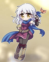 1girl 89tyoko bird black_gloves blue_scarf breasts dress elbow_gloves fingerless_gloves fire_emblem fire_emblem:_radiant_dawn gloves hair_ribbon half_updo highres micaiah_(fire_emblem) nintendo ribbon scarf side_slit sleeveless sleeveless_dress small_breasts white_hair yellow_eyes yune_(fire_emblem)