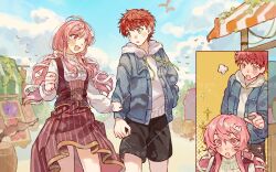 1girl blush bow breasts brown_vest candy_apple colorful_festival_(project_sekai) couple cross cross_print dress emiya_shirou fate/stay_night fate_(series) festival food food_stand gaoyue_jixiang hair_ornament highres jacket long_hair long_sleeves market_stall momomiya_shizuku_(gaoyue_jixiang) oc_x_canon open_clothes open_jacket open_mouth orange_hair original pastels pink_eyes pink_hair print_ribbon red_hair ribbon seasons skirt smile solo summer_festival twintails vest