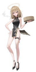 1girl absurdres angel bare_shoulders blonde_hair breasts china_dress chinese_clothes cigarette covered_navel dress fallen_angel grey_eyes halo high_heels highres long_hair looking_at_viewer low_wings mansu_(user_pnmp4287) original skindentation small_breasts smoking thigh_strap white_background wings