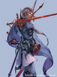 1boy armor blue_cloak breastplate cloak cowboy_shot fighting_stance final_fantasy final_fantasy_ii firion grey_background grey_hair headscarf holding holding_sheath holding_sword holding_weapon kato_ayaka looking_at_viewer magic:_the_gathering male_focus official_art parted_lips sheath short_hair solo square_enix sword sword_tassel tassel weapon