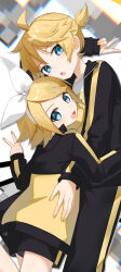 1boy 1girl absurdres ahoge black_jacket black_pants black_shorts blonde_hair blue_eyes bow fang hair_bow hair_ornament hairband hairclip highres jacket kagamine_len kagamine_rin looking_at_viewer multicolored_jacket open_clothes open_jacket open_mouth pants ponytail print_shirt project_diva_(series) reirou_(chokoonnpu) shirt short_hair short_ponytail shorts skin_fang smile stylish_energy_(module) t-shirt track_jacket track_suit two-tone_jacket v vocaloid white_bow white_hairband yellow_jacket yellow_nails