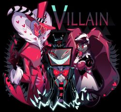 1girl 2boys ama0805 coat colored_skin demon_boy dress fur-trimmed_coat fur_trim hazbin_hotel heart heart-shaped_eyewear highres multiple_boys pink_coat pink_dress purple_skin red_eyes sharp_teeth teeth twintails valentino_(hazbin_hotel) velvette_(hazbin_hotel) vox_(hazbin_hotel)