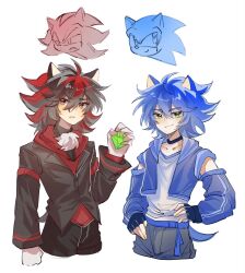 2boys aegyo_sal ahoge animal_ears bishounen black_coat black_hair blue_hair blue_jacket chaos_emerald chinese_commentary coat commentary_request cropped_jacket fingerless_gloves furry furry_and_humanization furry_male gem gloves green_eyes hand_on_own_hip hedgehog_boy highres holding holding_gem humanization jacket lazy065689 long_sleeves looking_at_viewer male_focus multicolored_hair multiple_boys red_eyes red_hair shadow_the_hedgehog shirt short_hair simple_background smile sonic_(series) sonic_the_hedgehog streaked_hair tail white_background white_shirt