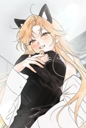 Rule 34 | 1girl, a man with a ghost, animal ears, black dress, blonde hair, cat ears, dress, female focus, full body, jacket, lee serin, long hair, looking at viewer, smile, teeth, white background, white jacket, yellow eyes
