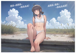 1girl absurdres ahoge barefoot black_hair blue_sky blunt_bangs border breasts closed_mouth cloud collarbone commentary day english_commentary gloomy_(leonzo) highres leonzo medium_hair navel original outdoors sidelocks sitting sky small_breasts soaking_feet solo stomach thighs toes water white_border