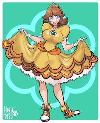 Rule 34 | 1girl, blue eyes, breasts, brown hair, clothes lift, dress, dress lift, gloves, highres, large breasts, legs, lifting own clothes, looking at viewer, mario (series), missandydandy, nintendo, open mouth, princess, princess daisy, short hair, smile, teeth, thighs, tongue