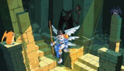 Rule 34 | 2girls, angel, angel girl, angemon, animated, armor, demon, demon boy, devimon, digimon, digimon (creature), haopanyo, looking at another, multiple girls, muscular, muscular male, patamon, picodevimon, pixel art, ruins, video, wings