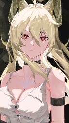 Rule 34 | 1girl, absurdres, arm strap, bare shoulders, black choker, blonde hair, breasts, bright pupils, button gap, choker, cleavage, closed mouth, collar, commentary request, curled horns, hair between eyes, halme825, highres, horns, largebilled (paravene), looking at viewer, partial commentary, red eyes, shirt, solo, upper body, white pupils, white shirt, wuthering waves, zani (wuthering waves)