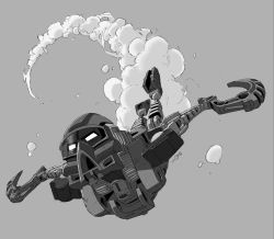1girl absurdres bionicle gali_(bionicle) gears grey_background greyscale highres hook jeetdoh kanohi_(bionicle) mask monochrome no_humans robot swimming the_lego_group underwater white_eyes