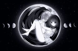 1girl barefoot crescent_moon dress expressionless frilled_dress frills from_side full_body greyscale hands_on_own_knee highres houraisan_kaguya huge_moon long_hair looking_at_viewer lunatic_chus2 monochrome moon moon_phases own_hands_together short_dress sky solo star_(sky) starry_sky touhou