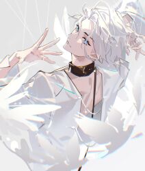 Rule 34 | 1boy, arms up, back cutout, black collar, blue eyes, closed mouth, clothing cutout, collar, commentary request, cowboy shot, eyelashes, highres, leash, looking back, male focus, nice (to be hero x), sd2190392804, shirt, short hair, solo, to be hero, to be hero x, upper body, white hair, white shirt, white theme