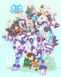 4girls animal_ears black_hoodie black_shirt black_skirt braid chibi coke-bottle_glasses commentary_request dog_ears dog_girl dog_tail english_text engrish_text food fox_ears fox_girl glasses hololive hololive_gamers hood hoodie humanoid_robot inugami_korone jacket leotard long_hair mecha medium_hair miniskirt multiple_girls nakayama_tooru nekomata_okayu onigiri ookami_mio orange_jacket orange_skirt pleated_skirt ponytail purple_eyes purple_hair ranguage robot round_eyewear shirakami_fubuki shirt short_hair side_braids skirt sukonbu_(shirakami_fubuki) tail tongue tongue_out tree-kun_(inugami_korone) virtual_youtuber white_hair white_leotard white_shirt wolf_ears wolf_girl wolf_tail