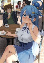 Rule 34 | 1boy, 6+girls, alternate costume, animal hat, aqua (konosuba), black gloves, black hair, black hat, black jacket, blonde hair, blue eyes, blue hair, blue nails, blue ribbon, blue skirt, blush, braid, breasts, brown hair, cake, cake slice, chair, cheek bulge, chris (konosuba), closed eyes, closed mouth, commentary request, contemporary, crossed legs, cup, darkness (konosuba), day, dress, eating, fingerless gloves, fingernails, food, food on face, fork, frilled skirt, frills, glasses, gloves, green eyes, green hoodie, grey hair, hair between eyes, hair ornament, hair rings, hairclip, hand up, hat, high-waist skirt, highres, holding, holding food, holding ice cream, holding ice cream cone, hood, hoodie, ice cream, ice cream cone, izawa (bhive003), jacket, jacket over hoodie, komekko, kono subarashii sekai ni shukufuku wo!, large breasts, long hair, long sleeves, looking at viewer, megumin, multiple girls, nail polish, neck ribbon, on chair, open mouth, outdoors, paid reward available, plate, red-framed eyewear, red dress, ribbon, satou kazuma, saucer, shirt, shirt tucked in, short hair, single hair ring, sitting, skirt, sleeveless, sleeveless shirt, smile, solo focus, star (symbol), star hair ornament, stone floor, strawberry shortcake, sweatdrop, table, teacup, tongue, tongue out, v-shaped eyebrows, very long hair, white shirt, yunyun (konosuba)
