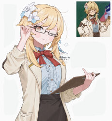 Rule 34 | 1girl, artist name, black skirt, blonde hair, clipboard, commentary, game screenshot, genshin impact, glasses, highres, jacket, looking at viewer, lumine (genshin impact), lumine (marechaussee hunter) (genshin impact), one eye closed, q (oshikuraq), shirt, simple background, skirt, smile, twitter username, white background, white shirt, yellow eyes, yellow jacket
