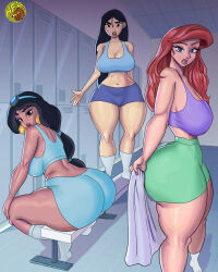 3girls absurdres aladdin_(movie) alternate_costume ariel_(disney) artfoo_1 artist_logo ass black_hair blue_eyes blue_shorts blue_sports_bra breasts brown_eyes changing_room cleavage crossover curvy dark-skinned_female dark_skin disney_princess earrings fa_mulan_(disney) green_shorts highres huge_ass huge_breasts indoors jasmine_(disney) jewelry large_breasts locker locker_room logo long_hair looking_at_viewer mulan_(movie) multiple_girls narrow_waist navel purple_sports_bra red_hair short_shorts shorts sitting socks sports_bra sportswear standing the_little_mermaid_(disney) white_socks