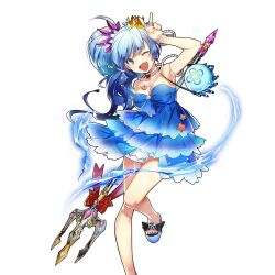 1girl ahoge bare_legs bead_bracelet beads blue_dress blue_eyes blue_hair blue_sandals bracelet breasts crown dress frilled_skirt frills holding holding_polearm holding_weapon jellyfish jewelry large_breasts long_hair mini_crown necklace off-shoulder_dress off_shoulder one_eye_closed open_mouth polearm poseidon_(uchihime) rowe sandals side_ponytail skirt teeth trident uchi_no_hime-sama_ga_ichiban_kawaii v weapon