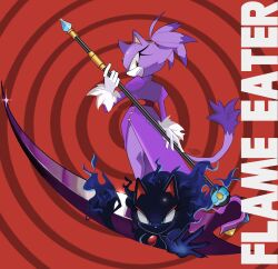 2girls alternate_costume animal_ears arms_behind_back blaze_the_cat blaze_the_cat_(beta_design) cat_ears cat_girl cat_tail closed_mouth english_text fiery_hair fire flame-tipped_tail fur-trimmed_gloves fur_trim furry furry_female gloves highres holding holding_scythe looking_back multiple_girls prototype_design purple_fur red_background scythe shadsonline soul_eater spiral_background tail yellow_eyes
