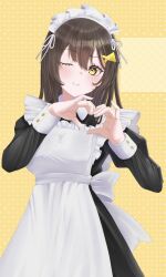 1girl alternate_costume apron braid breasts brown_hair enmaided frilled_apron frills hair_ornament half_up_braid heart heart_hands heaven_burns_red highres large_breasts long_hair maid maid_apron maid_headdress monakayukimochi ooshima_ichiko puffy_sleeves solo white_apron yellow_eyes