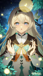 1girl absurdres black_hairband black_jacket bridal_gauntlets bug firefly firefly_(honkai:_star_rail) forest grey_hair hair_between_eyes hair_intakes hairband highres honkai:_star_rail honkai_(series) insect jacket light long_hair long_sleeves nature night outdoors shirt single_bridal_gauntlet smile so_zei_tama_tama solo white_shirt