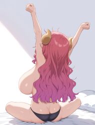 Rule 34 | 1girl, arms up, ass, backboob, bed sheet, black panties, breasts, butt crack, clenched hand, from behind, gradient hair, highres, horns, huge breasts, ilulu (maidragon), kobayashi-san chi no maidragon, long hair, messy hair, multicolored hair, panties, pillow, pink hair, pointy ears, sitting, solo, sonao, stretching, thighs, topless female, two-tone hair, underwear, webp-to-png conversion, yellow horns
