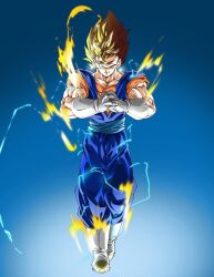 Rule 34 | 1boy, aura, blonde hair, blue background, blue pants, blue sash, blue shirt, dougi, dragon ball, dragonball z, earrings, electricity, full body, gloves, green eyes, highres, jewelry, male focus, medium hair, muscular, muscular male, orange sash, orange shirt, pants, pocagraffiti, potara earrings, sash, shirt, simple background, smirk, solo, spiked hair, super saiyan, super saiyan 1, vegetto, walking, white gloves