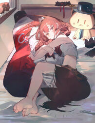 1girl absurdres animal animal_ear_fluff animal_ears bare_arms bare_legs bare_shoulders barefoot bed bird breasts brown_bird cellphone closed_mouth coca-cola commentary_request crop_top extra_ears feet fox_ears fox_girl fox_tail full_body hair_between_eyes highres hug hugging_object korean_commentary long_hair looking_at_viewer lying mirae283 on_bed on_side original phone pillow pillow_hug sidelocks small_breasts smartphone solo stuffed_toy tail tail_wagging tank_top toes toy twitter_username white_tank_top yellow_eyes