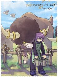 1boy apron black_pants black_shirt border bouffalant bucket farm gen_4_pokemon gen_5_pokemon green_apron holding holding_bucket inumura_(inu_noya) male_focus nintendo outdoors pants paul_(pokemon) pokemon pokemon_(anime) pokemon_dppt_(anime) purple_hair shirt short_hair starly translation_request unamused white_border