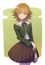 1boy brown_eyes brown_hair brown_skirt cowboy_shot crossdressing danganronpa:_trigger_happy_havoc danganronpa_(series) dress_shirt flipped_hair fujisaki_chihiro green_background highres jacket long_sleeves looking_at_viewer male_focus miniskirt neck_ribbon open_mouth pleated_skirt ribbon school_uniform shirt shirt_tucked_in short_hair skirt solo trap white_background youko-shima