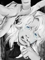 Rule 34 | 1girl, biting own finger, blue eyes, chainsaw man, crying, crying with eyes open, dress, famine devil (chainsaw man), fourth east high school uniform, greyscale, highres, medium hair, monochrome, pinafore dress, reaching, reaching towards viewer, ringed eyes, school uniform, sleeveless, sleeveless dress, snailmao, solo, spot color, tears