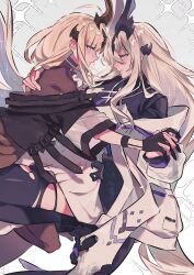 2girls absurdres arknights black_gloves black_horns black_thighhighs blonde_hair blue_eyes bodystocking brown_horns dress eye_contact face-to-face fingernails gloves grey_background gudai_baihe_tun hand_on_another&#039;s_back hashtag-only_commentary highres holding_hands horns incest interlocked_fingers long_hair looking_at_another multiple_girls necrass_(arknights) off_shoulder parted_lips profile reed_(arknights) siblings sisters sparkle thighhighs torn_clothes torn_thighhighs white_dress yuri