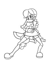 1girl alex_ahad_(style) animated animated_gif annie_(skullgirls) belt belt_pouch boots braid child eyepatch female_focus fighting_stance frown karoon_mcdowell lineart long_sleeves monochrome pouch puffy_long_sleeves puffy_sleeves simple_background skirt skullgirls solo sword thigh_boots thighhighs twin_braids weapon white_background wrist_cuffs
