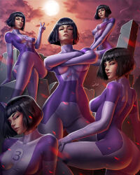1girl ass black_hair breasts clone cloud cloudy_sky crossed_arms crossed_legs dupli-kate_(invincible) invincible_(series) looking_at_viewer looking_back medium_breasts open_mouth short_hair sitting sky smile solo superhero_costume v