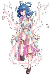 Rule 34 | 1girl, alphes (style), black shoes, blue hair, breasts, commentary request, dairi, defeat, dress, flower, full body, hair ornament, hair rings, hair stick, highres, kaku seiga, large variant set, ofuda, parody, shawl, shoes, simple background, socks, solo, style parody, tachi-e, torn clothes, touhou, transparent background, variant set, vest, white socks, white vest