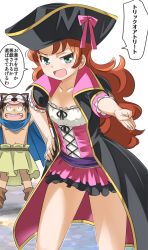 1boy 1girl :d blush breasts cape comic cross-laced_clothes curly_hair dragon_quest dragon_quest_vii dress gabo green_eyes hat imaichi long_hair looking_at_viewer maribel_(dq7) nipples open_mouth pirate_hat red_hair small_breasts smile
