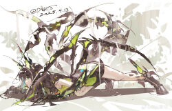 Rule 34 | 1girl, 2025, absurdres, arknights, bare shoulders, black hair, black shoes, closed mouth, dated, dress, full body, green dress, highres, long hair, material growth, mon3tr (arknights), oripathy lesion (arknights), shoes, solo, watermark, weibo 6441844007, weibo username, weibo watermark