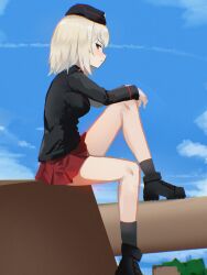 Rule 34 | 1girl, ankle boots, ankle socks, black boots, black eyes, black hat, black jacket, black socks, blue sky, blush, boots, breasts, cannon, cloud, commentary, danraz0r, english commentary, from side, garrison cap, girls und panzer, hair between eyes, hat, highres, insignia, itsumi erika, jacket, knee up, kuromorimine military uniform, long sleeves, looking at viewer, medium breasts, medium hair, miniskirt, on tank, outdoors, pleated skirt, pout, red skirt, sidelocks, sitting, skirt, sky, socks, solo, tank turret, white hair