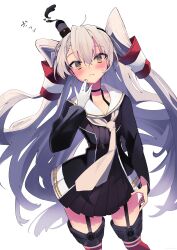 1girl absurdres amatsukaze_(kancolle) amatsukaze_kai_ni_(kancolle) black_dress brown_eyes commentary_request dress fujiyama_ichiha garter_straps gloves grey_hair grey_neckerchief hair_tubes hat highres horizontal-striped_thighhighs kantai_collection long_hair looking_at_viewer mini_hat neckerchief red_thighhighs sailor_collar sailor_dress short_dress simple_background single_glove smoke smokestack_hair_ornament solo standing thighhighs two_side_up white_background white_gloves white_sailor_collar