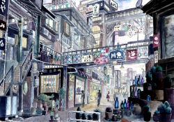 balcony bottle building city cityscape highres kyuui original outdoors painting_(medium) plant potted_plant road scenery shop sign stairs street traditional_media watercolor_(medium) window